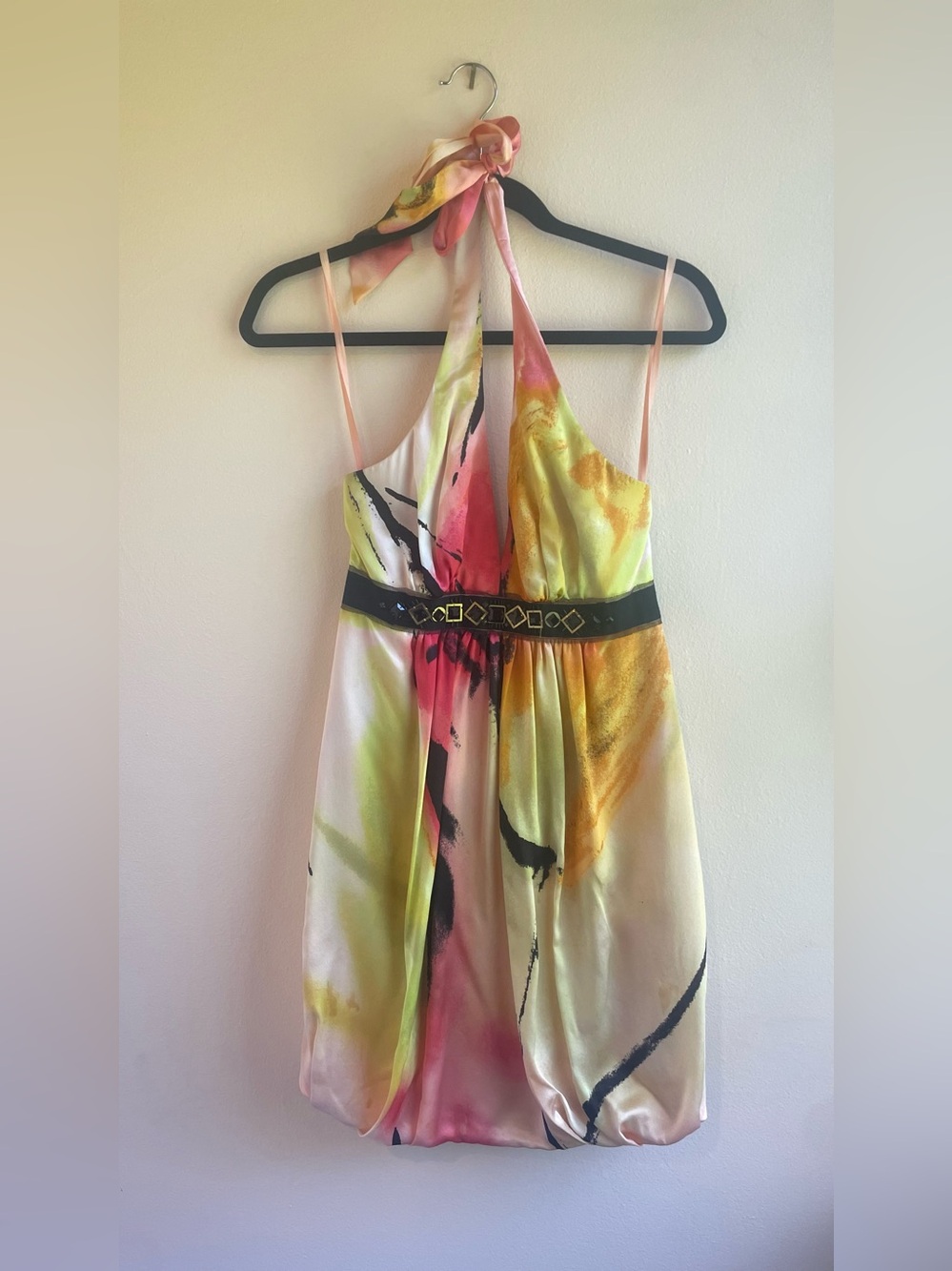 BCBGMaxAzria 100% Silk Abstract Print Halter Mini Dress Size 4 Jeweled Belt